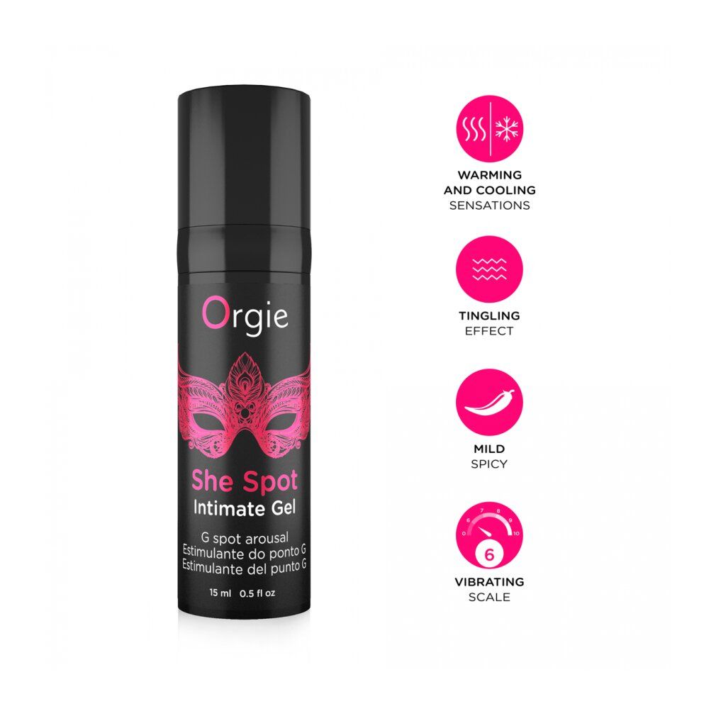 Schwarze Flasche mit pinkfarbenem Etikett. Text: Orgie, She Spot Intimate Gel. Zusätzliche Icons: Wärme, Kribbeln, mild, scharf, Vibrationsskala.
