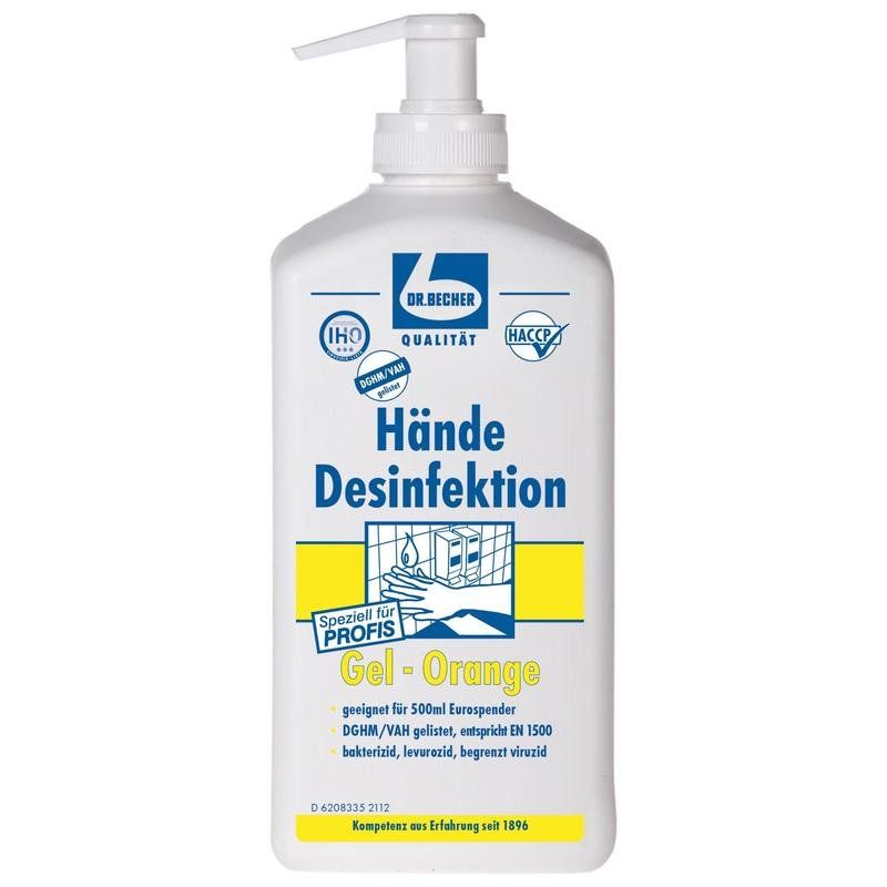Flasche mit Spenderpumpe für Händedesinfektionsgel, Marke Dr. Becher, Gel-Orange.