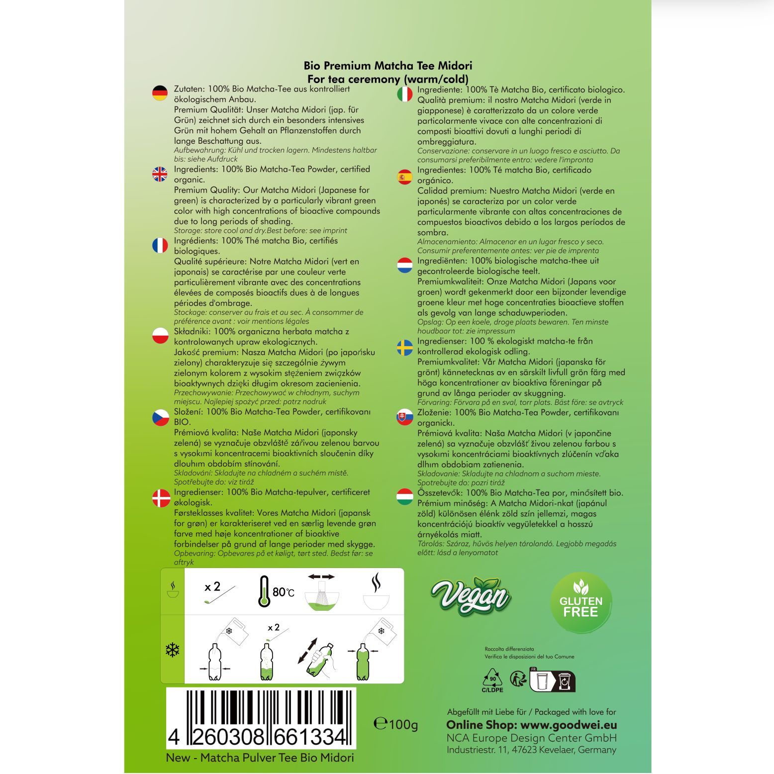 Rückseite der Verpackung. Text in mehreren Sprachen. Informationen zu Inhaltsstoffen, Zubereitung, Zertifizierungen.
