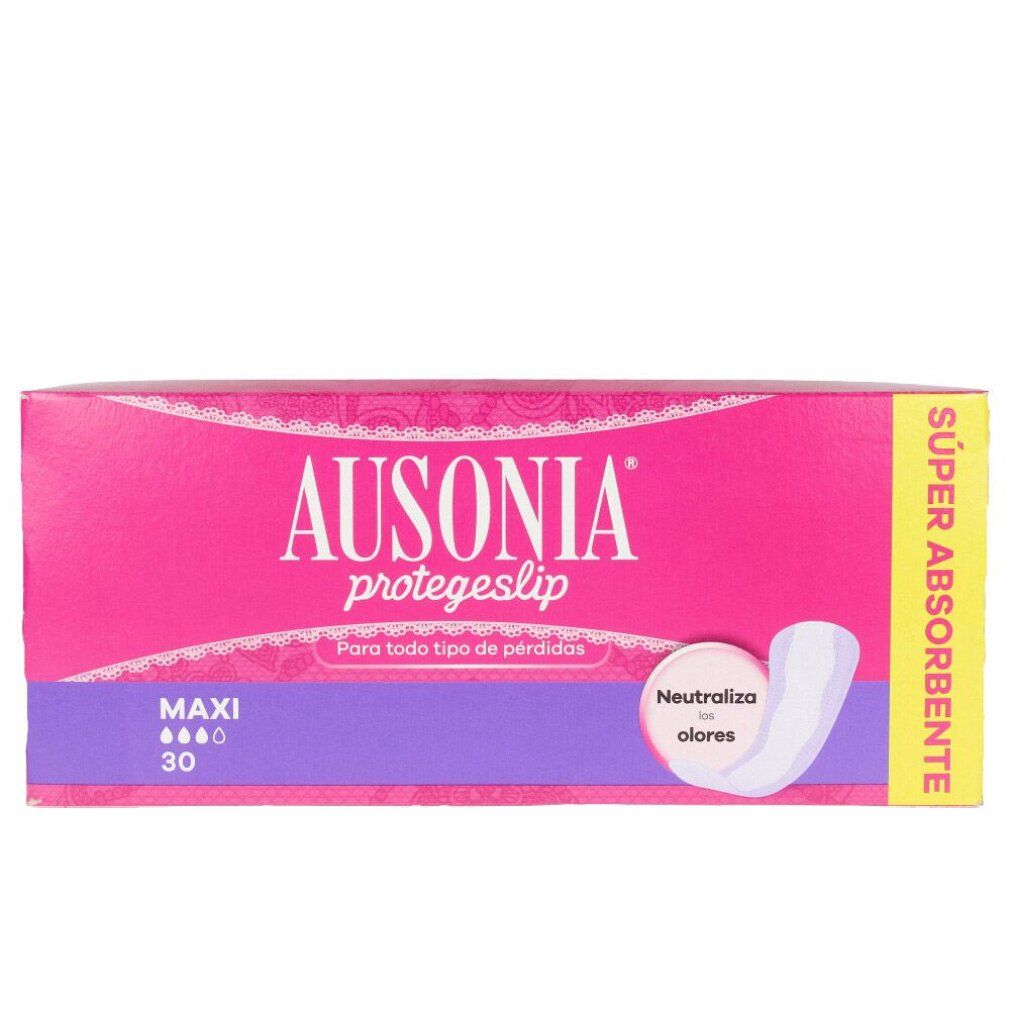 Ausonia Protegeslip Maxi Slipeinlagen, Packung. Rosa-weißes Design, Produktabbildung, Text: Maxi 30, Super Absorbente.