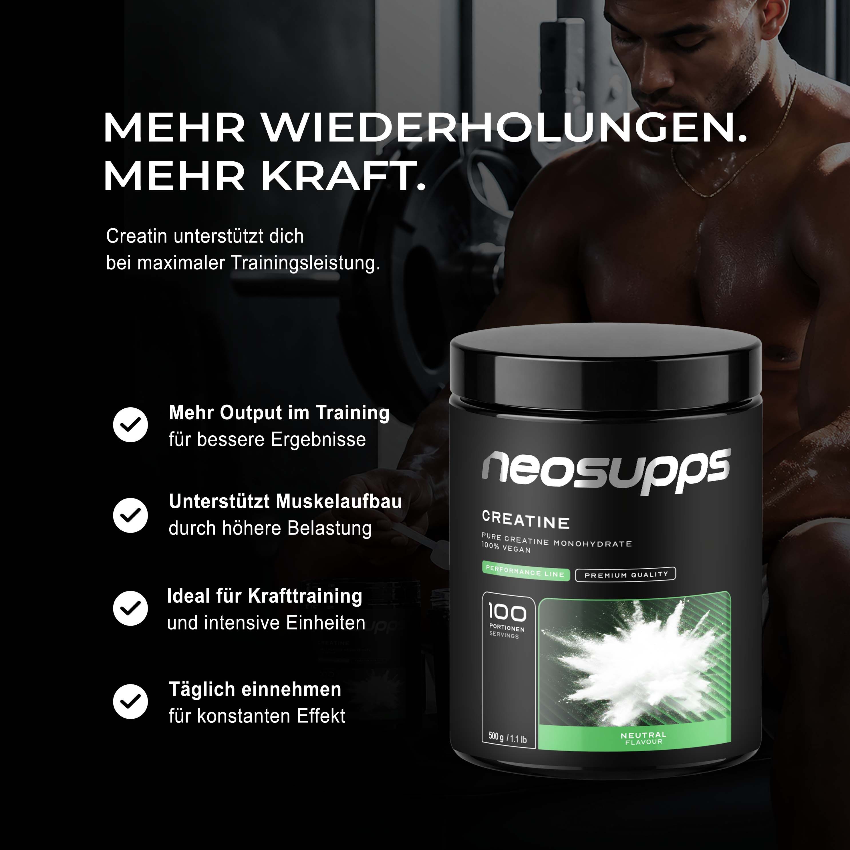 Neosupps Creatin Monohydrat Pulver, 500g, 100 % reines Kreatin ohne Zusatzstoffe