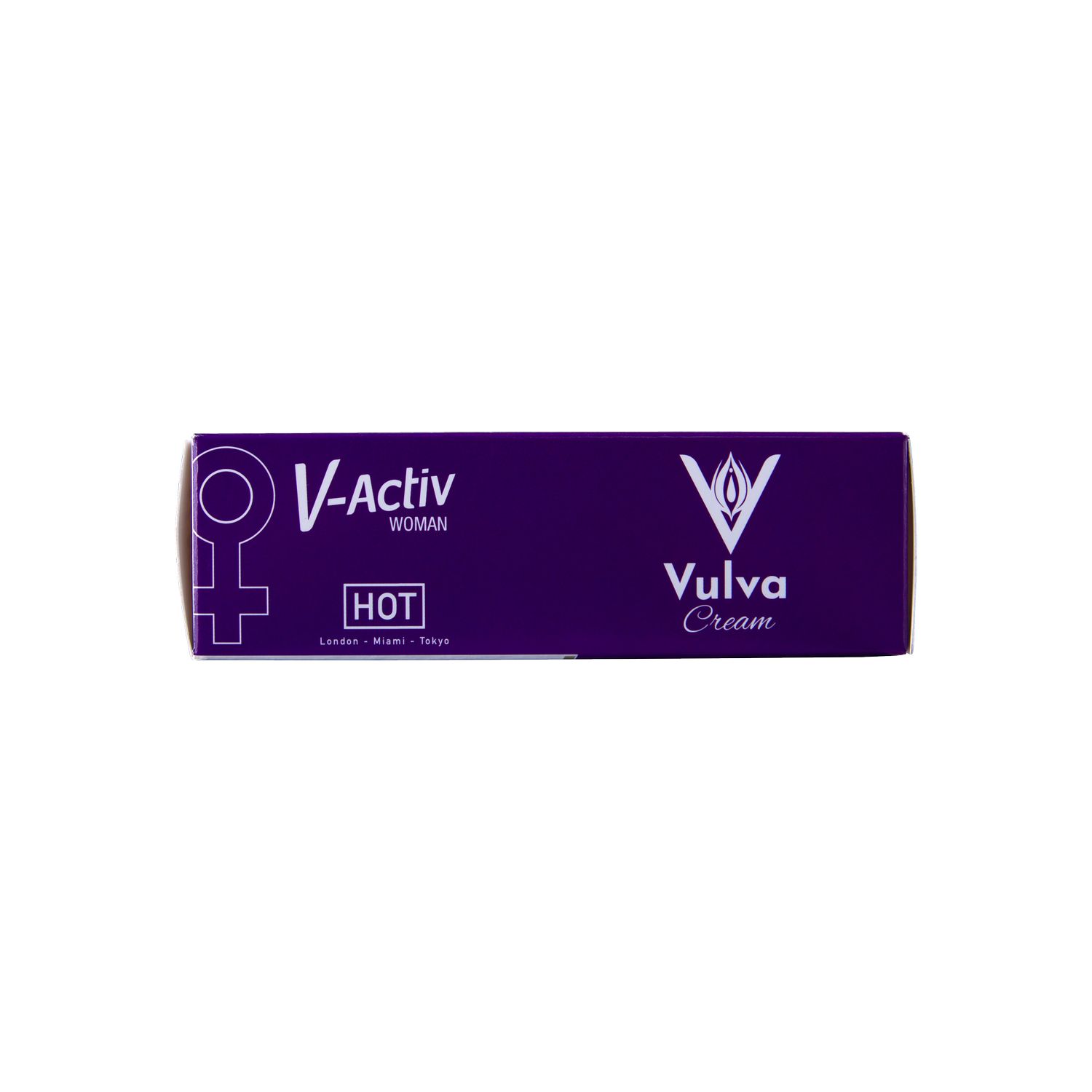 V-Activ Vulva Cream HOT Verpackung mit CBD-Symbol und Frauensymbol.