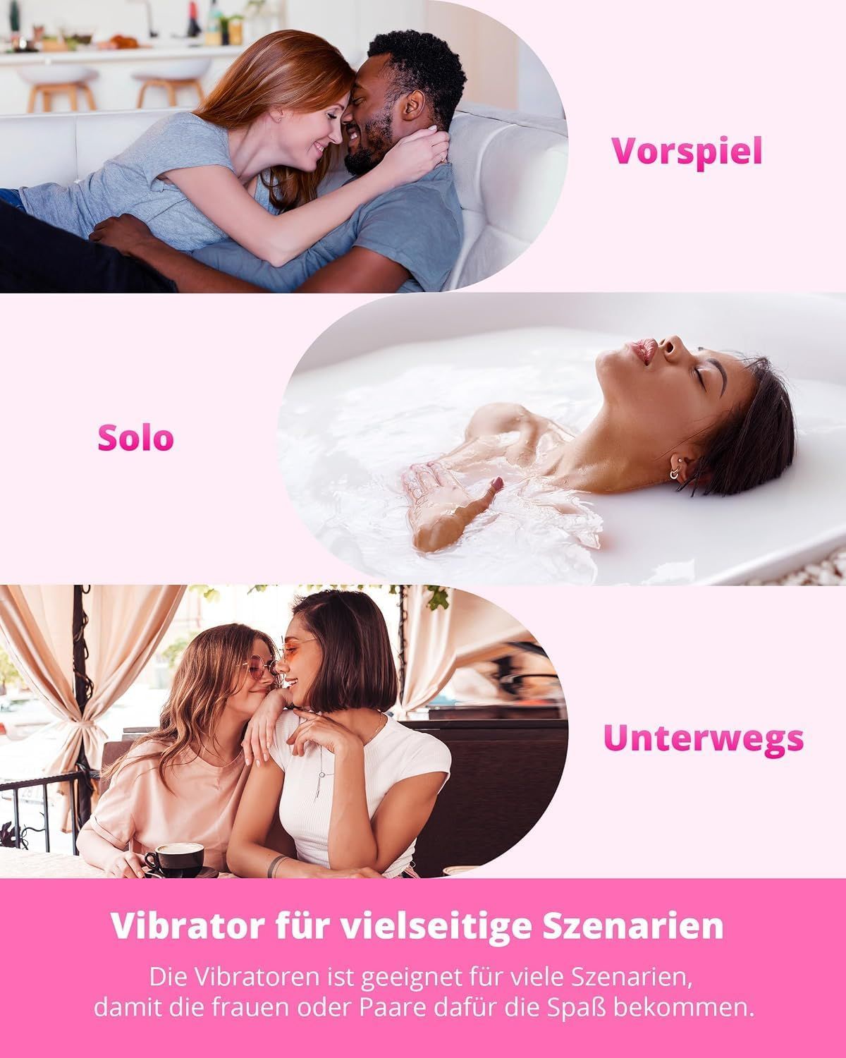 Collage zeigt Szenarien: Paar, Solo, Unterwegs. Beschriftung: Vibrator für vielfältige Szenarien.