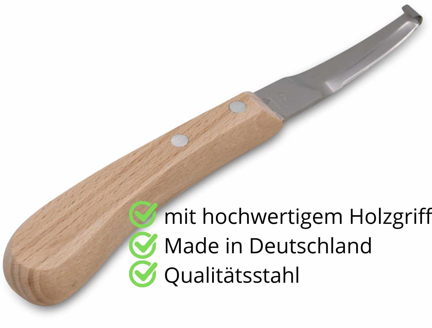 Hufmesser mit Holzgriff. Text: "mit hochwertigem Holzgriff", "Made in Deutschland", "Qualitätsstahl".