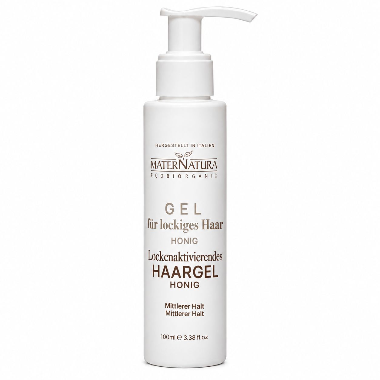 Maternatura Haargel mit Honig in weißer Pumpflasche, 100ml.