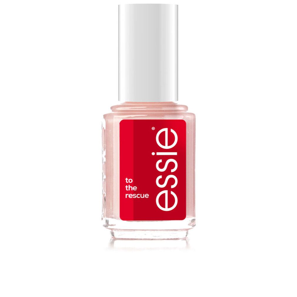 Klarer Glasflakon mit weißem Deckel. Rotes Etikett mit weißer Schrift: essie, to the rescue.