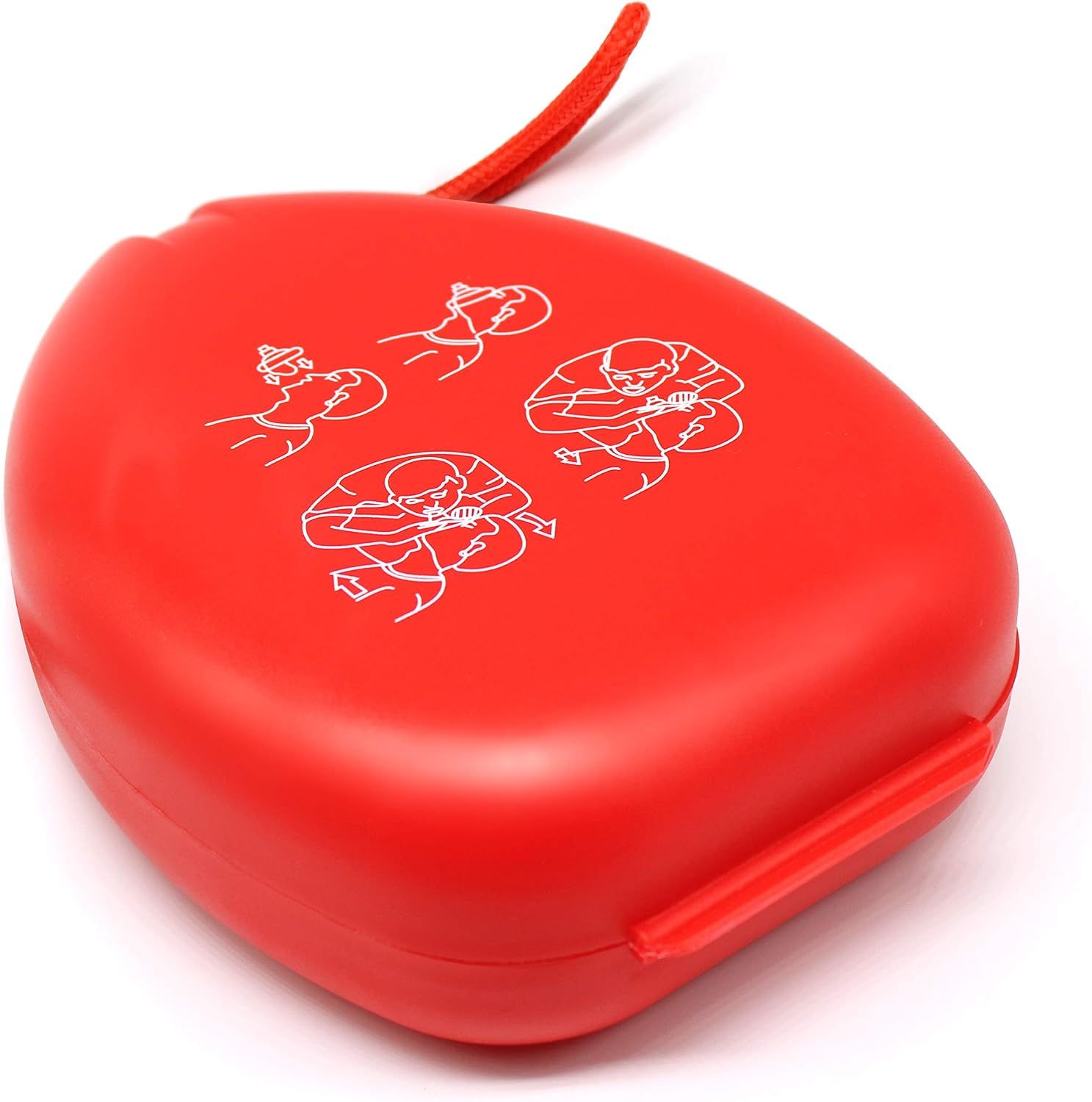 Rote Aufbewahrungsbox für eine CPR-Maske mit schematischen Darstellungen der Anwendung.