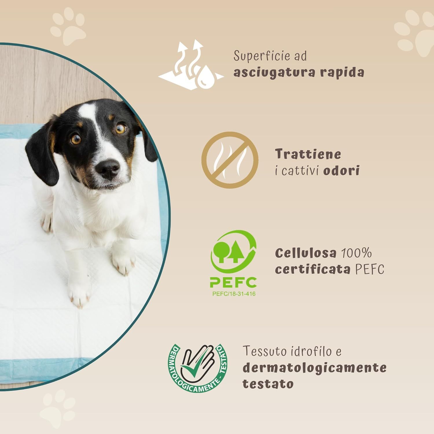 Hygienepads für Hunde. Symbole: Schnell trocknend, Geruchskontrolle, PEFC-Zertifizierung, dermatologisch getestet.