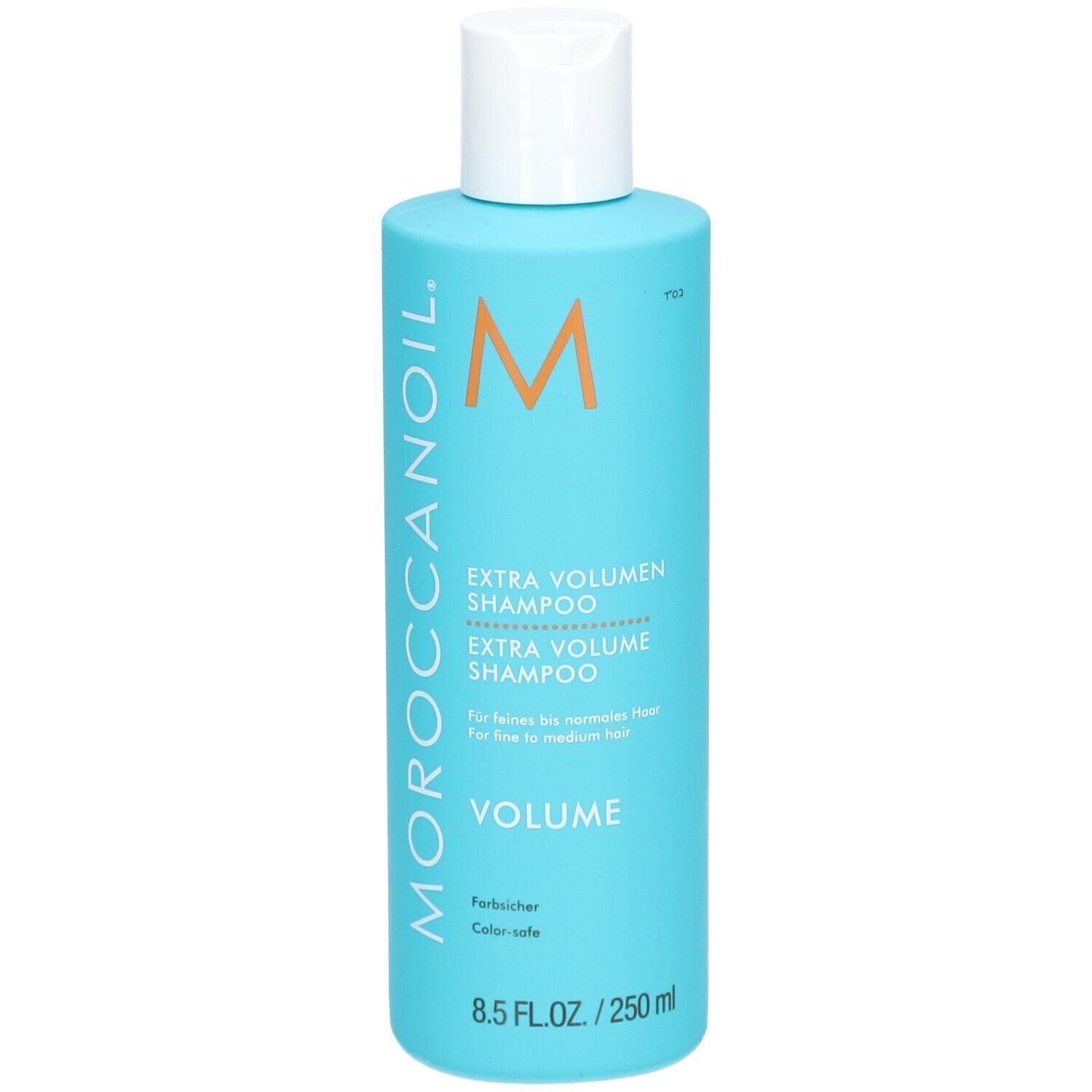 Türkisfarbene Flasche Moroccanoil Extra Volume Shampoo, 250 ml.
