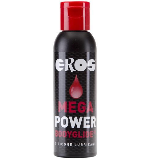 Schwarze Flasche mit rotem Deckel. Aufschrift: EROS, MEGA POWER BODYGLIDE. Silikon Gleitgel.