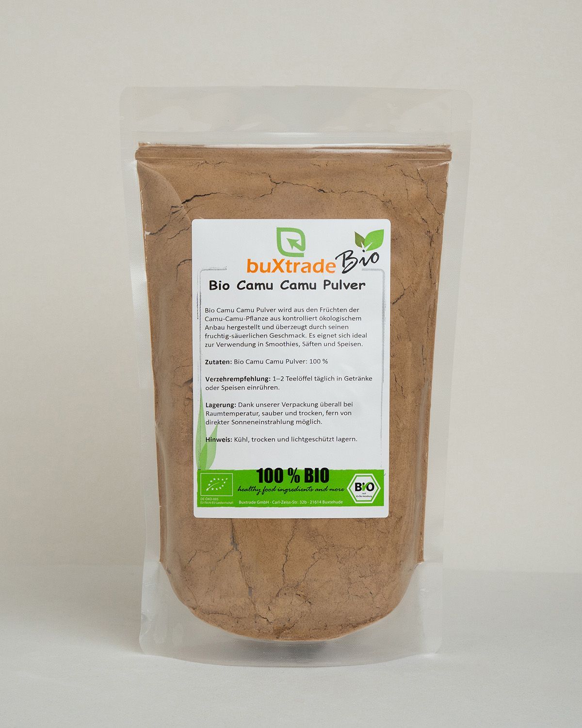 Verpackung mit Bio Camu Camu Pulver, 100% BIO Siegel und Zutatenliste.