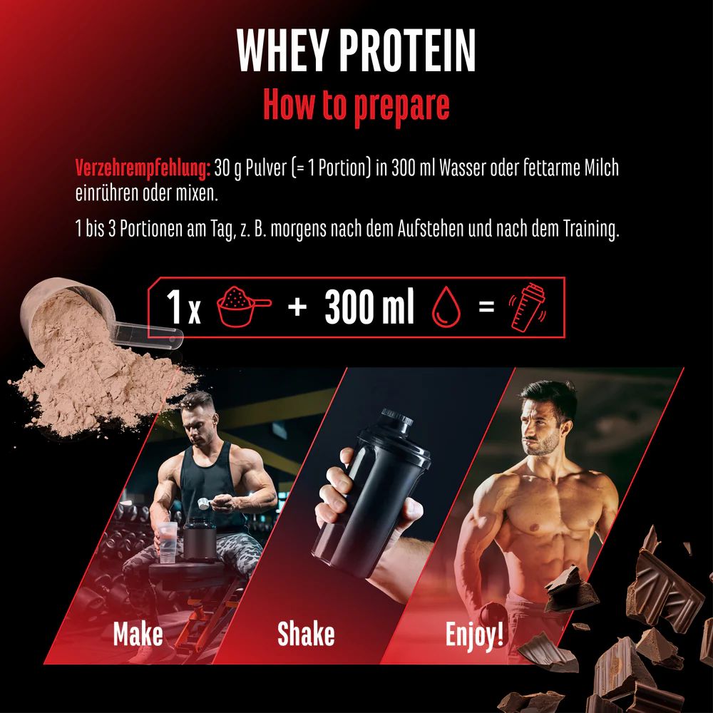 Anleitung zur Zubereitung von GEN Whey Protein. 30g Pulver in 300ml Wasser oder Milch mischen. 1-3 Portionen pro Tag.
