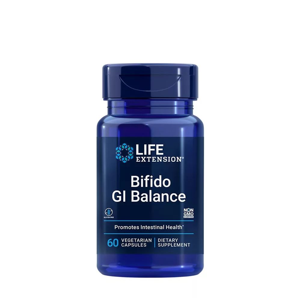 Dunkelblaue Kapsel mit "Life Extension Bifido GI Balance" Aufschrift, 60 vegetarische Kapseln.