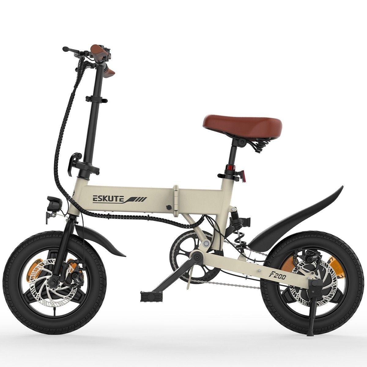 Faltbares Elektrofahrrad. Beige Rahmen, brauner Sattel und Lenker. Schwarze Reifen und Schutzbleche. Marke ESKUTE.