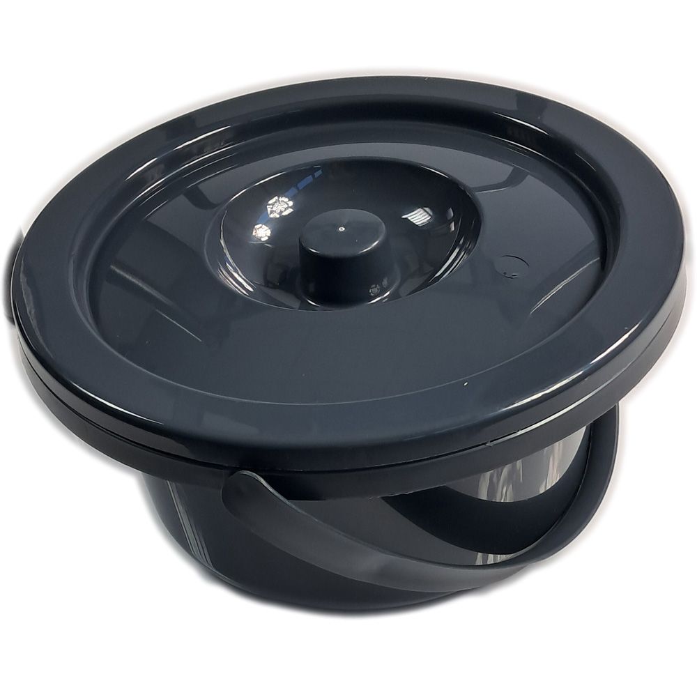 Grauer Auffangbehälter mit Deckel und Griff. Runde Form. Aus Kunststoff.