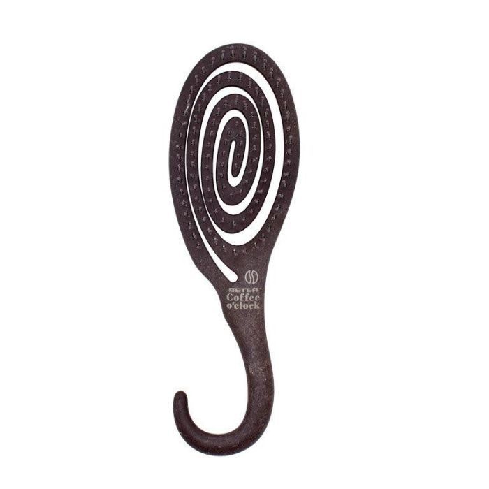 Dunkelbraune, spiralförmige Bürste mit Haken. Auf dem Griff steht "Coffee o'clock".