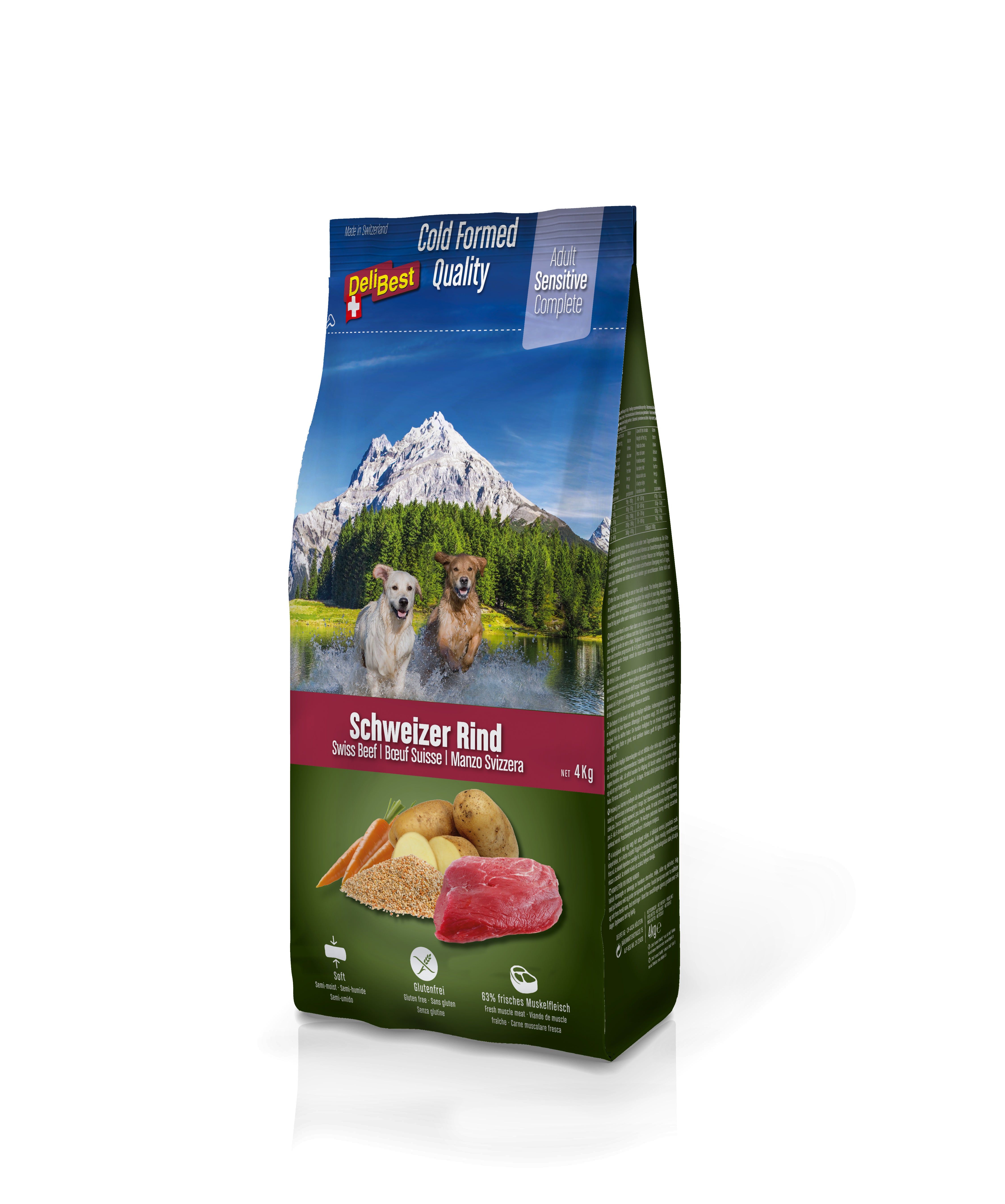 DeliBest Hund Adult Sensitive Complete Rind, kaltgeformtes Trockenfutter im Beutel mit Bergmotiv und zwei Hunden.