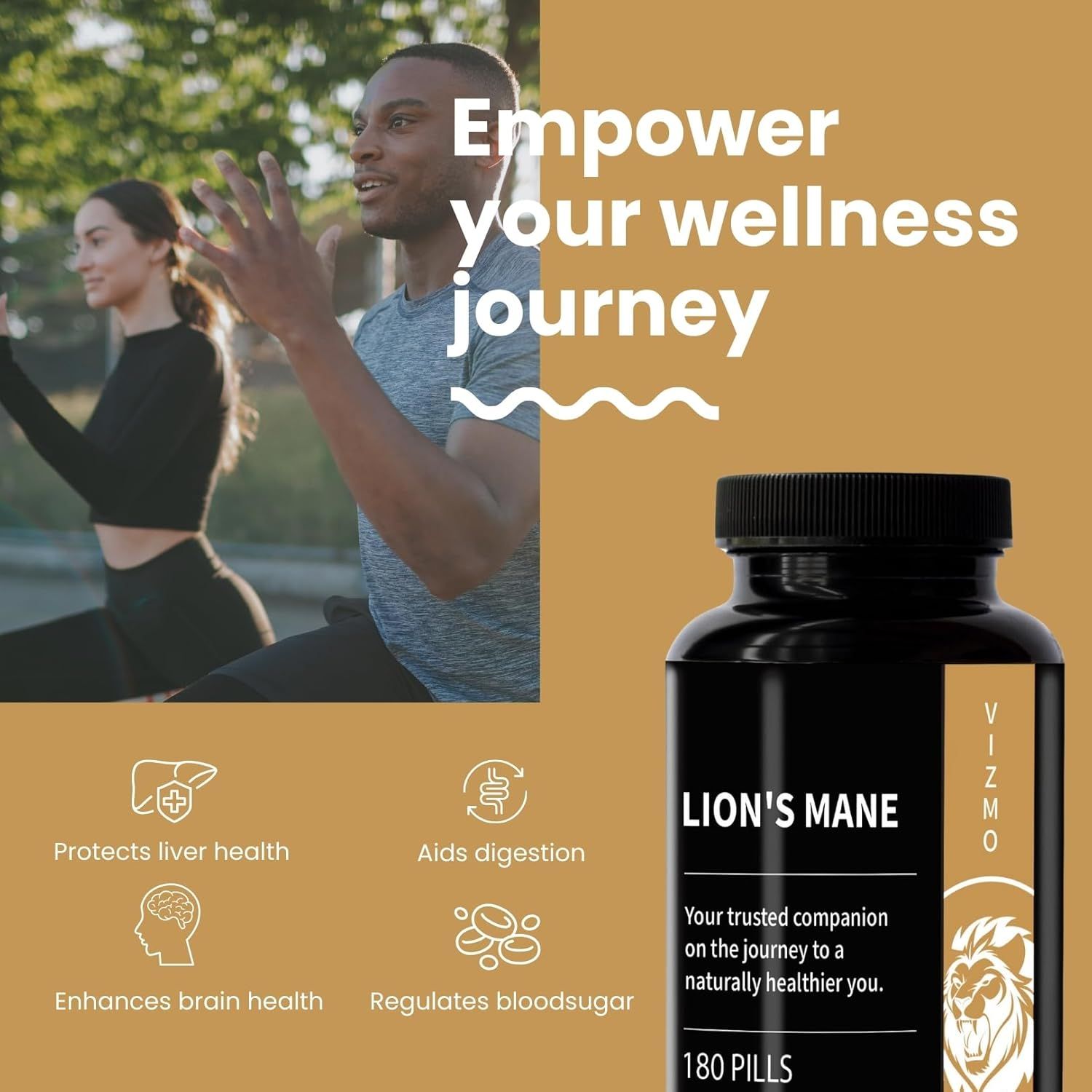Produktflasche "LION'S MANE" und "VIZMO" neben Personen beim Training. Zusätzliche Informationen: Fördert die Gesundheit.