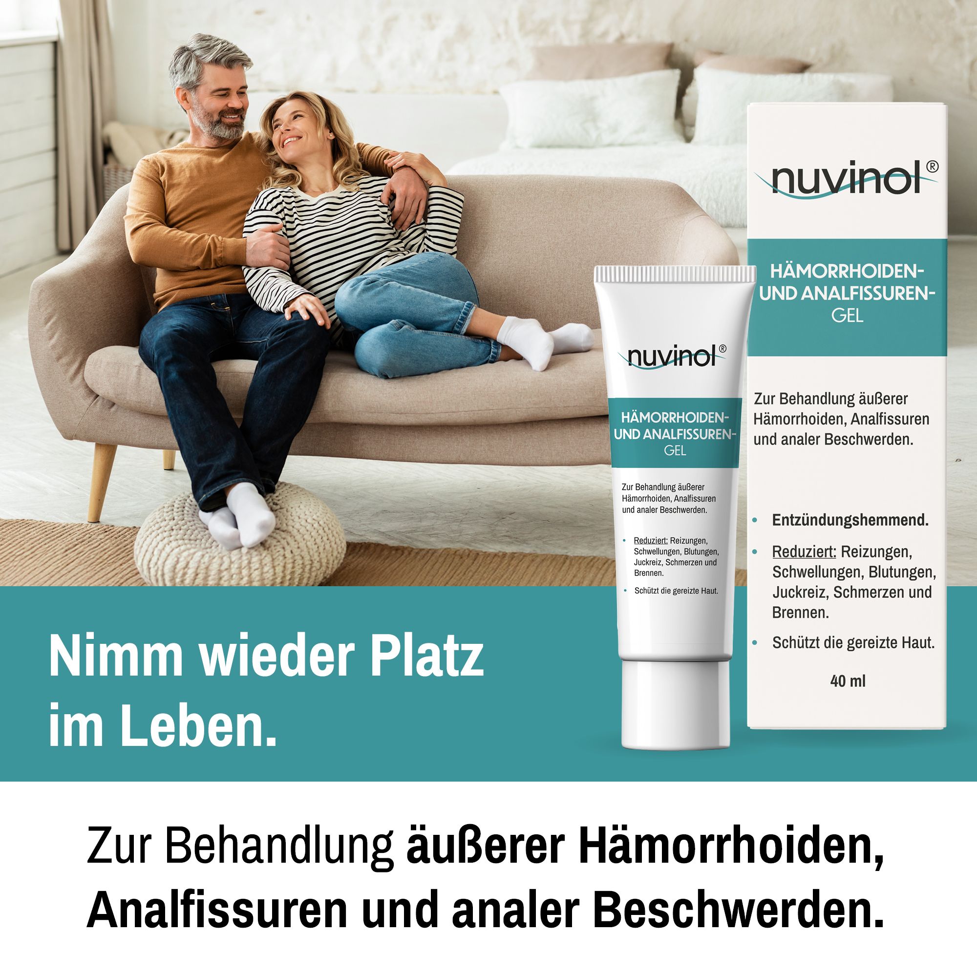 Paar auf Sofa, neben Tube und Verpackung "nuvinol" Gel. Text: "Nimm wieder Platz im Leben".