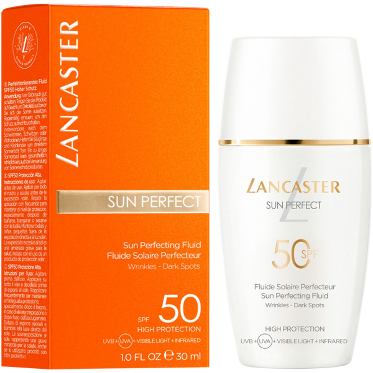 Produkt und Verpackung. Orangefarbene Schachtel und weiße Flasche. Aufschrift: Lancaster Sun Perfect 50 SPF. Text: Fluide Solaire Perfecteur.