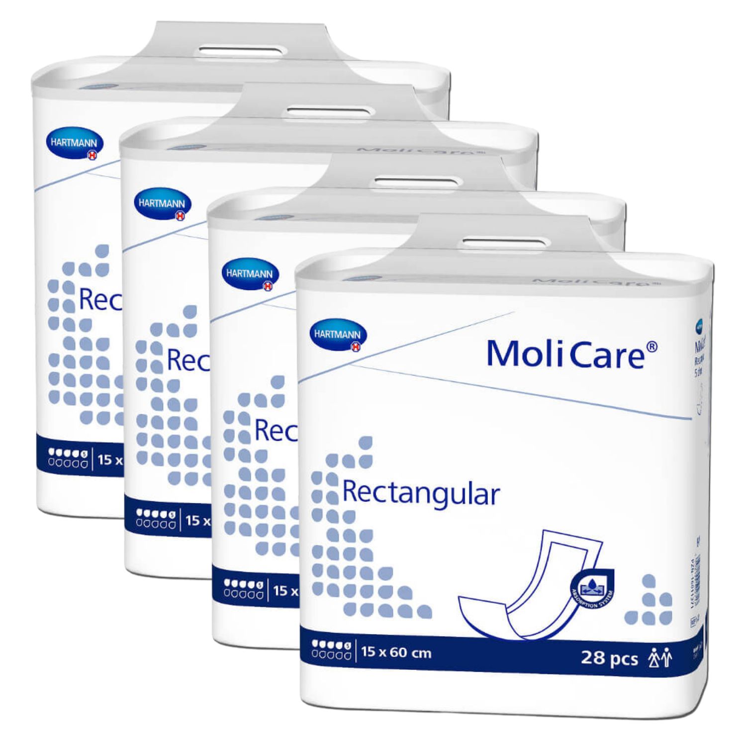Vier Packungen MoliCare Rectangular. Weiße Verpackung mit Produktname und Logo. 28 Stück, 15x60 cm.