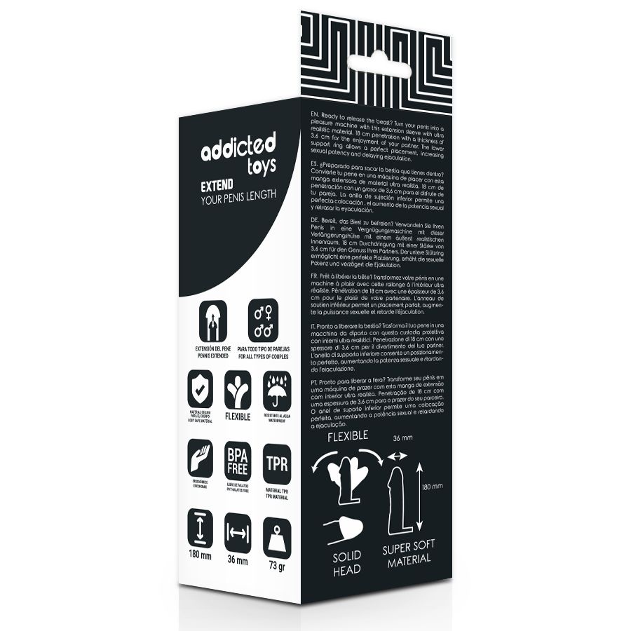 Rückseite der Verpackung. Text: Addicted Toys. Grafiken zu Flexibilität, BPA-frei, TPR-Material. Maße: 180 mm, 36 mm, 73 g.
