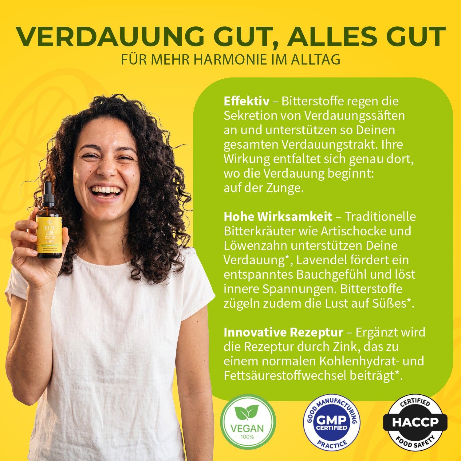 BitterLiebe - Tropfen Zitrone Alkoholfrei - Bitterstoffe Tropfen mit Zink - vegan