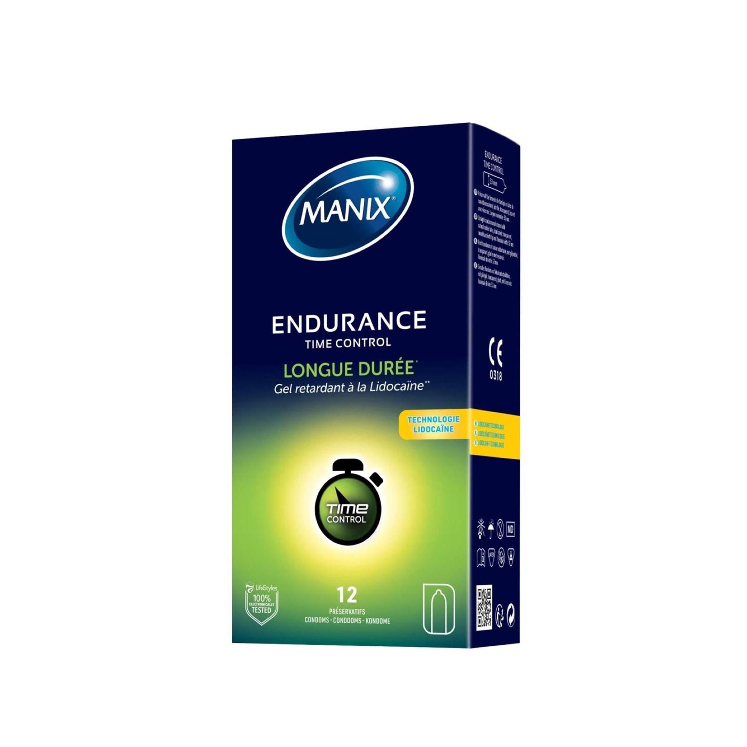 Dunkelblaue Schachtel. "MANIX"-Logo. "ENDURANCE TIME CONTROL"-Schriftzug. 12 Kondome. Gel retardant à la Lidocaïne. CE-Kennzeichnung.