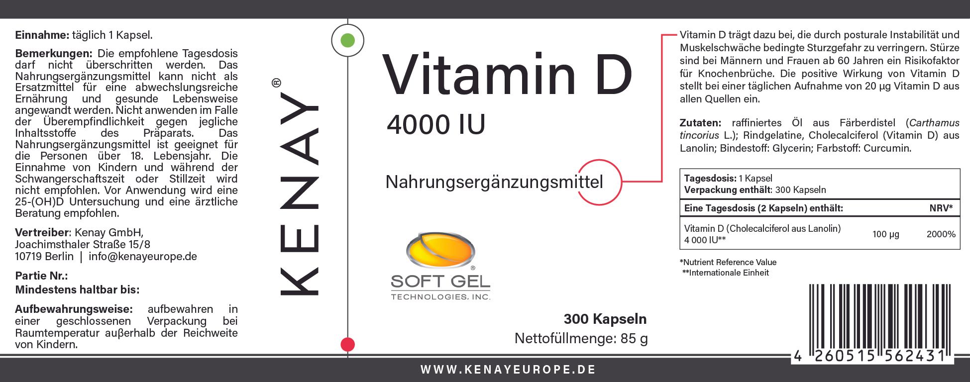 Etikett mit Vitamin D 4000 IU, KENAY-Logo, Inhaltsangaben und Dosierung. 300 Kapseln. Nettogewicht 85 g. Text in Deutsch.