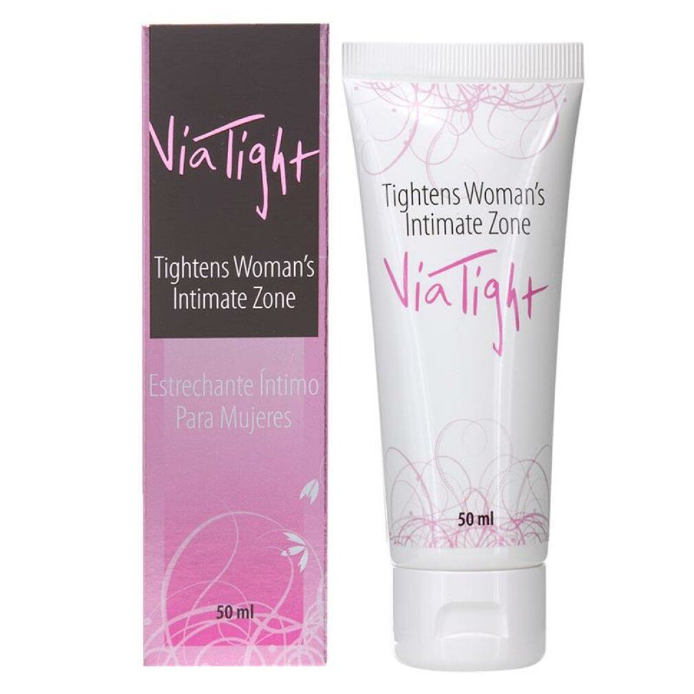 Tube und Schachtel mit Produktaufschrift ViaTight. Text: Tightens Woman's Intimate Zone. Estrechanche Intimo Para Mujeres.