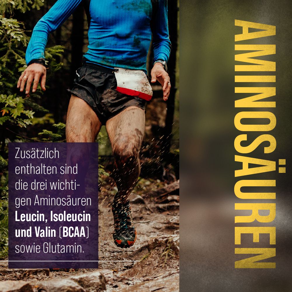 Läufer in Bewegung. Text: Aminosäuren. Leucin, Isoleucin und Valin (BCAA) sowie Glutamin. Hintergrund: Wald.