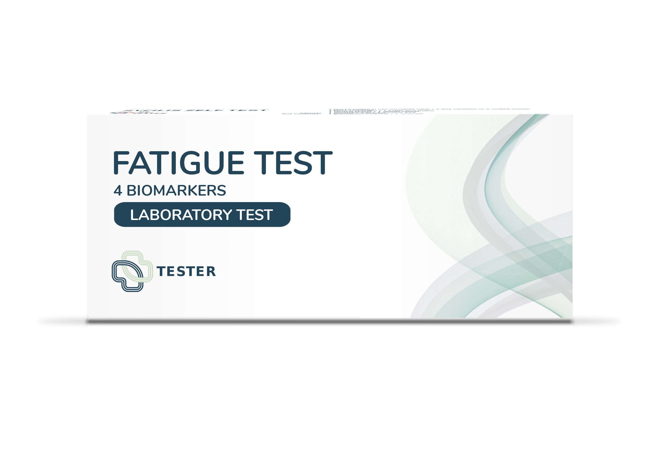 Weiße Schachtel mit Aufschrift "FATIGUE TEST". Enthält 4 Biomarker. Untertitel: LABORATORY TEST. Logo: Tester.