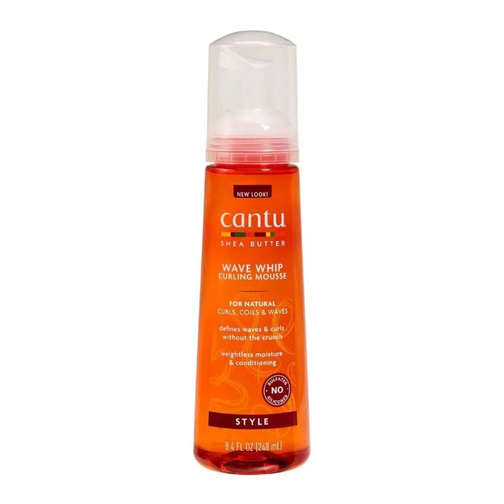 Orange Flasche Cantu Shea Butter Wave Whip Curling Mousse mit Pumpspender.