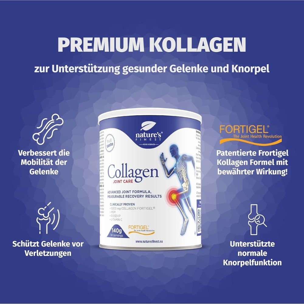 Dose Nature's Finest Collagen JointCare. Text: Premium Kollagen. Grafiken: Gelenke, Knochen. Text: Fortigel, 140g.