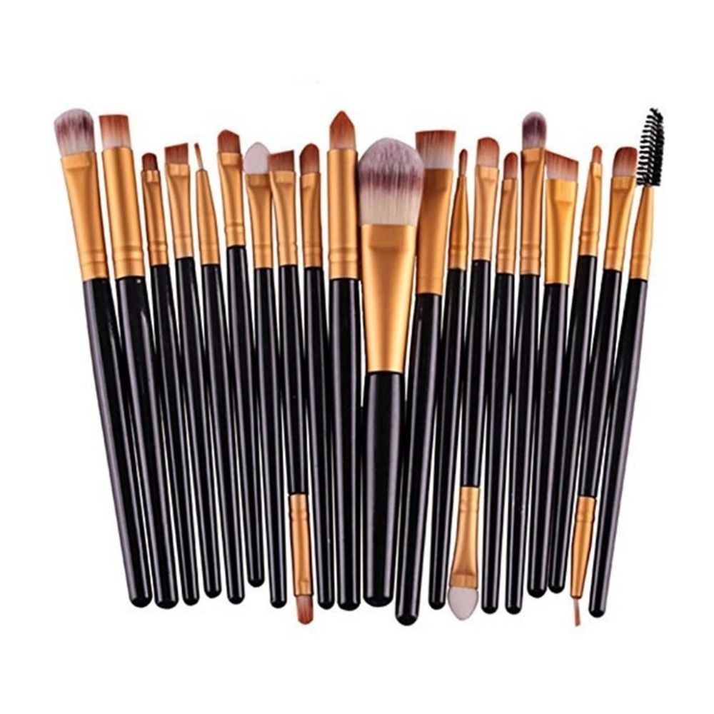 Ein Set von 20 schwarzen und goldenen Make-up-Pinseln mit verschiedenen Köpfen und Größen.