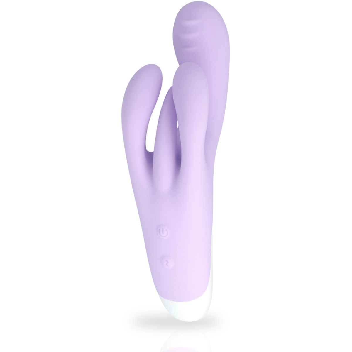 Lila Vibrator mit drei Armen und einem weißen Sockel. Zwei Knöpfe sind sichtbar. Das Produkt ist auf weißem Hintergrund.