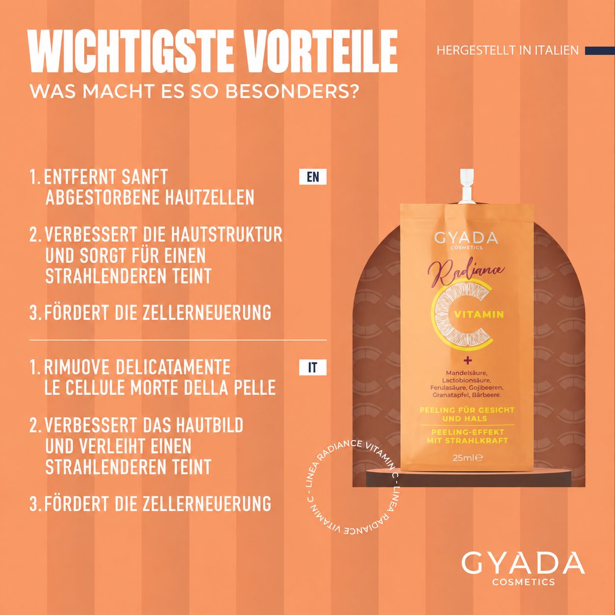 Gyada Cosmetics Radiance Vitamin C Peeling für Gesicht und Hals, 25 ml. Mit Mandelsäure, Ferulasäure, Gojibeeren.