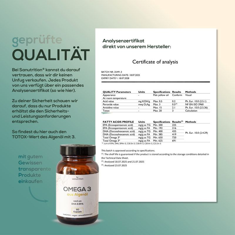 Infografik mit "OMEGA 3 aus Algenöl" Flasche und Analysenzertifikat. Text: "Geprüfte QUALITÄT" und "Certificate of analysis".