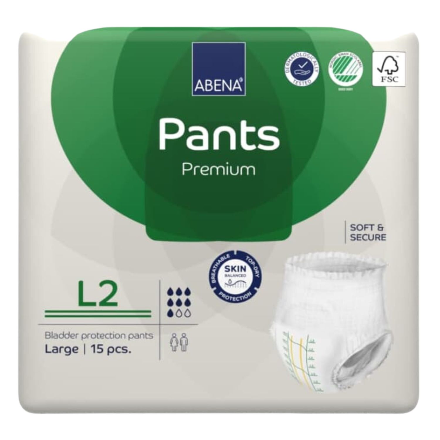 Verpackung Abena Pants Premium, L2. Grüne Verpackung mit Produktabbildung. 15 Stück. Hautschutz.