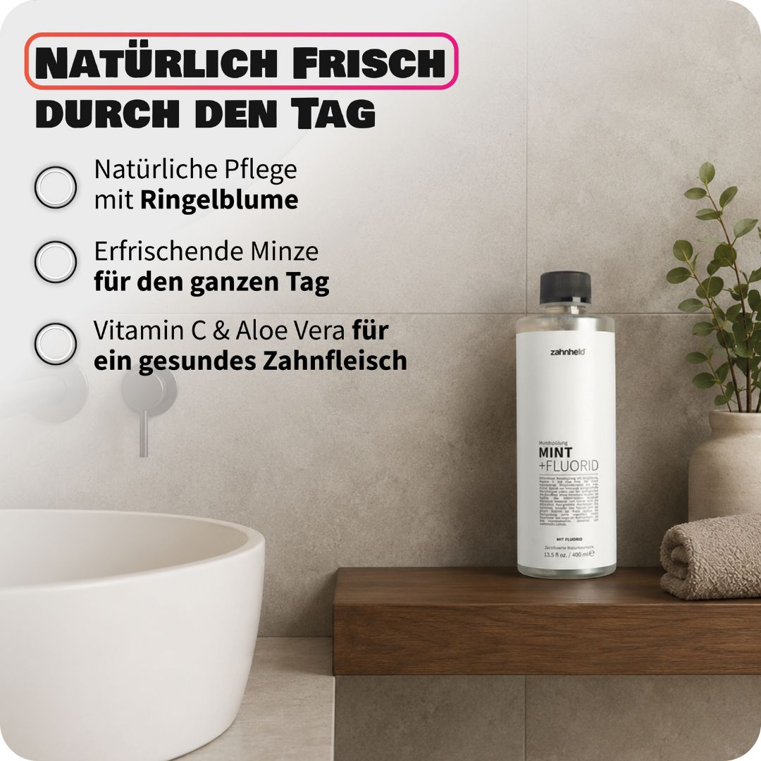Zahnheld Mundspülung Mint Flasche im Badezimmer neben einem Waschbecken.