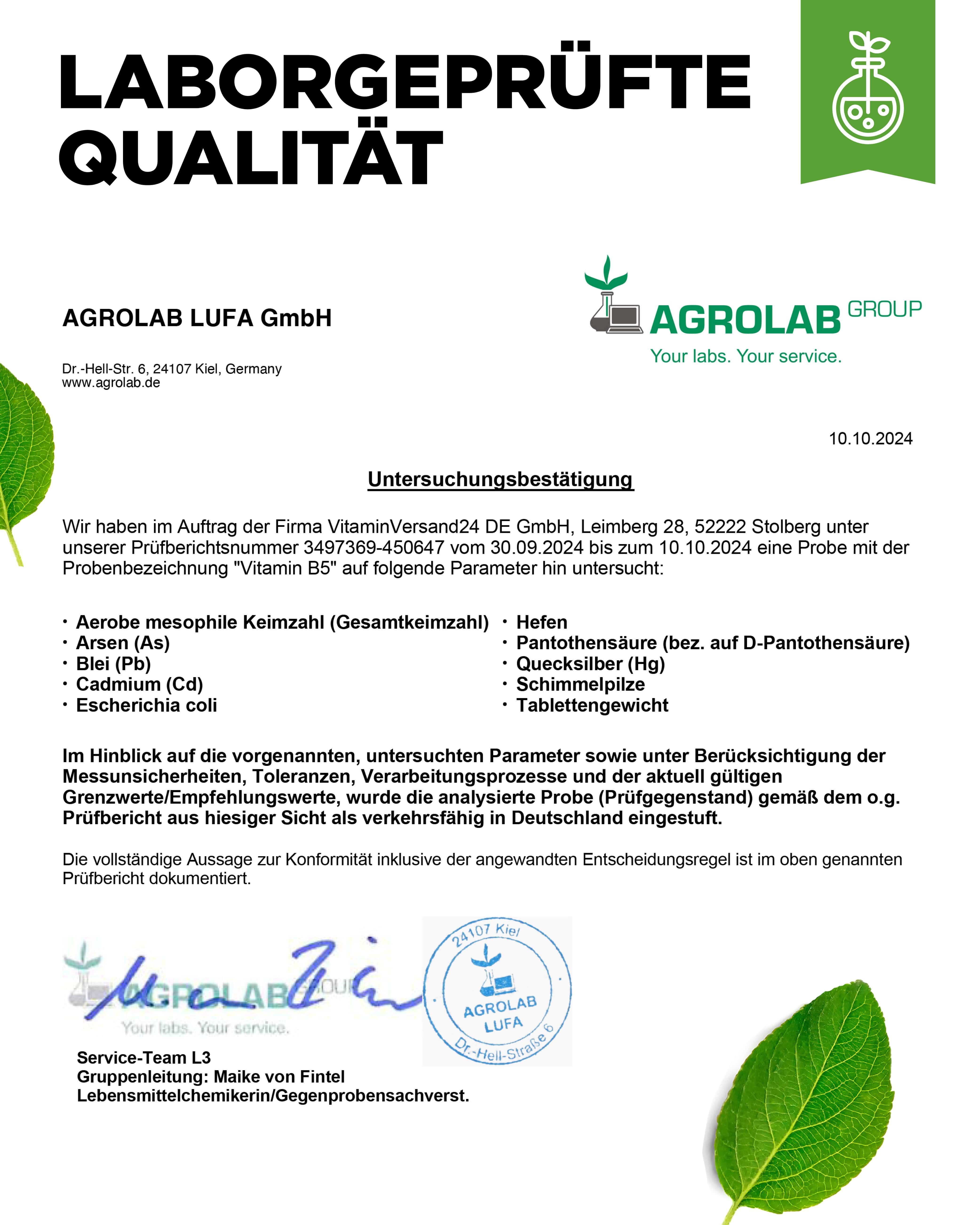 Zertifizierungsdokument von Agrolab LUFA GmbH. Unterschriften und Stempel. Analyse von Vitamin B5 auf Keimzahl und Schwermetalle.