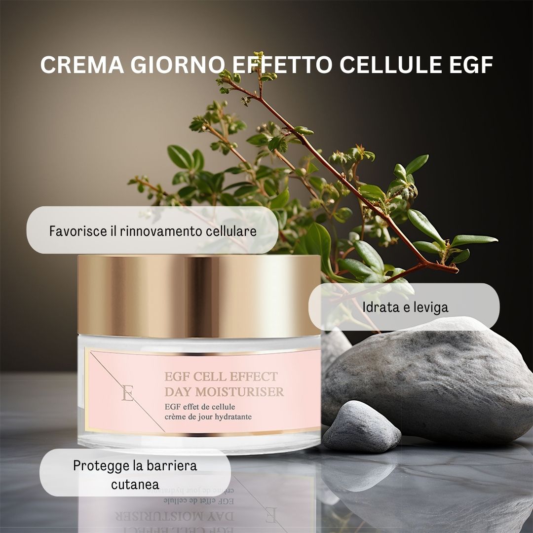 Creme-Tiegel mit goldfarbenem Deckel und rosa Etikett. Text: EGF Cell Effect Day Moisturiser. Hintergrund: Pflanzen und Steine.