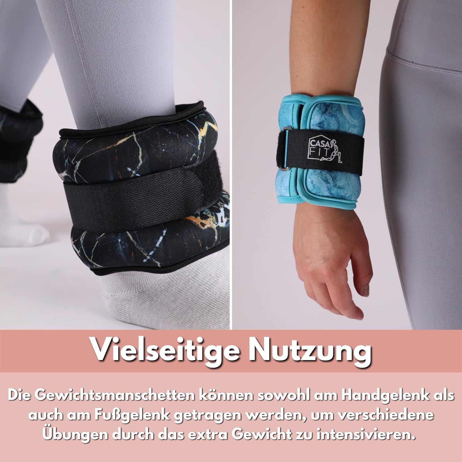 Personen tragen Gewichtsmanschetten am Fuß- und Handgelenk. Text: Vielseitige Nutzung. Blaue und schwarze Manschetten.