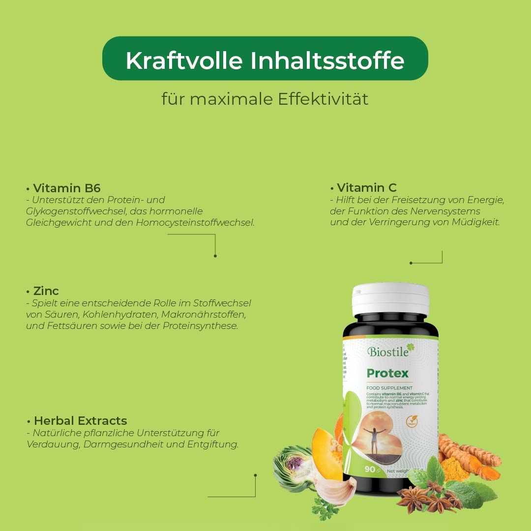 Biostile Protex Flasche mit detaillierten Inhaltsstoff-Informationen und Pflanzen.