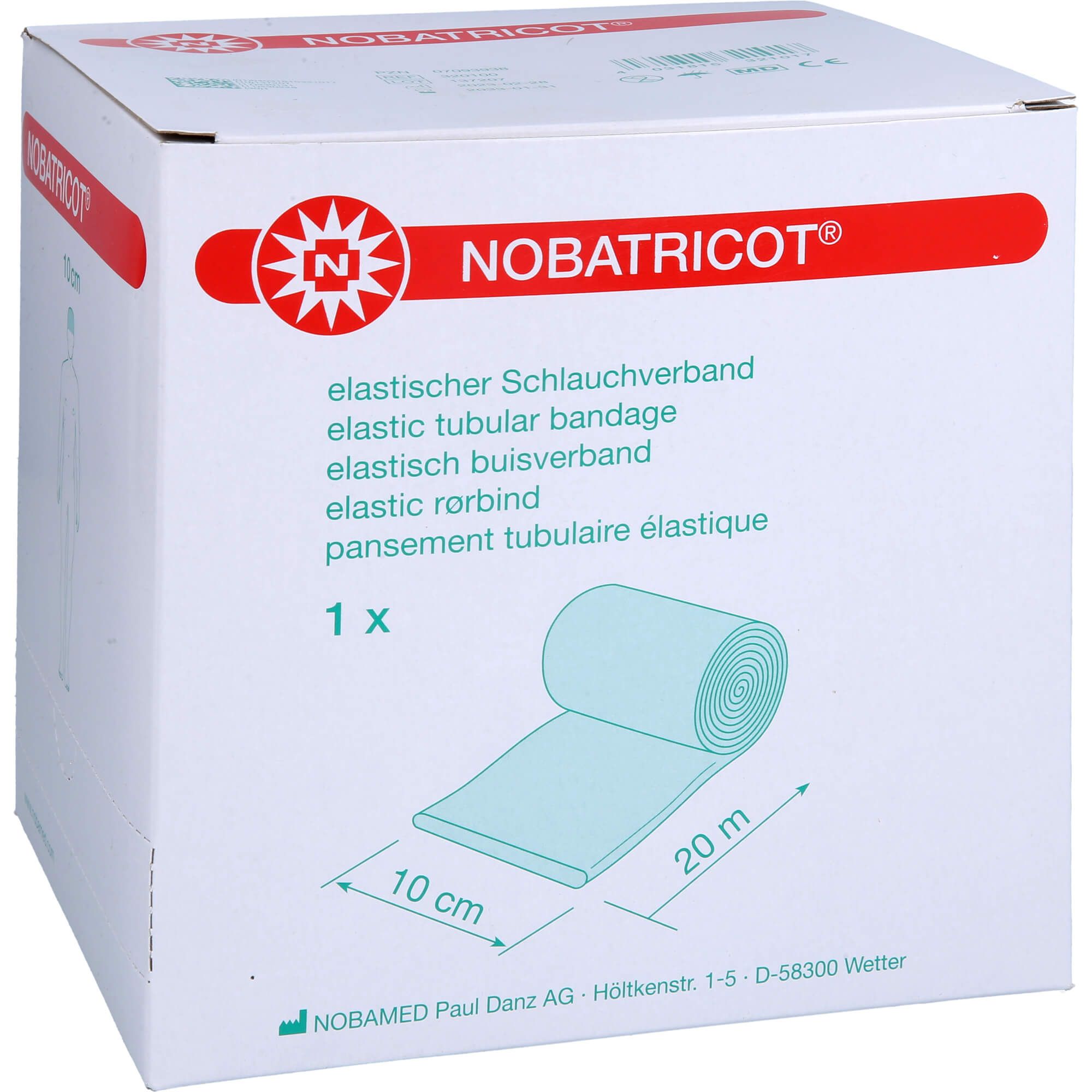 Verpackung mit elastischem Trikotschlauch. Aufdruck: NOBATRICOT, 10 cm x 20 m. Rolle des Schlauchs und Verpackung mit Produktinformationen.