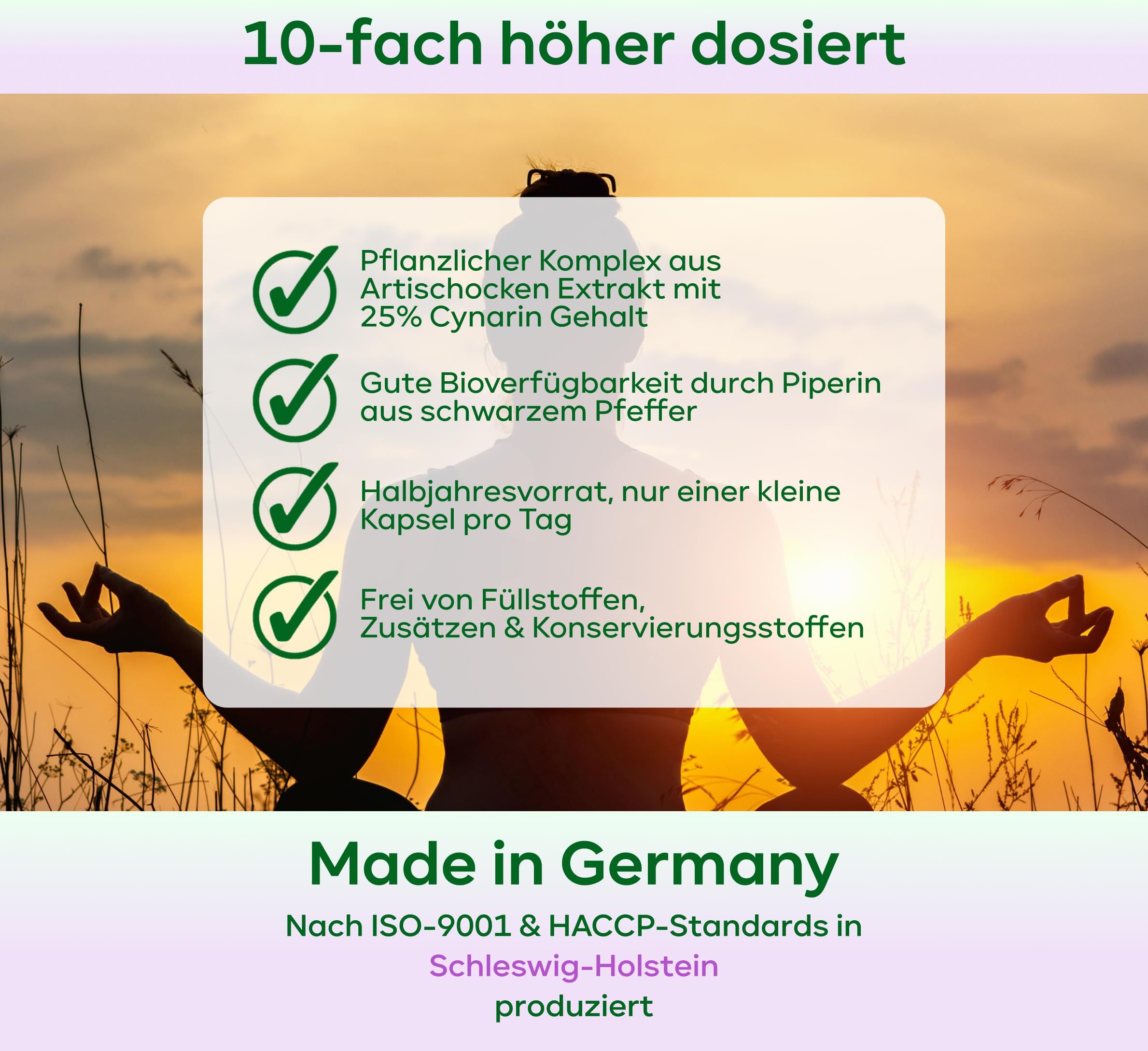 Text auf grünem Hintergrund: Pflanzlicher Komplex, 25% Cynarin, gute Bioverfügbarkeit, Halbjahresvorrat, frei von Zusatzstoffen. Made in Germany.
