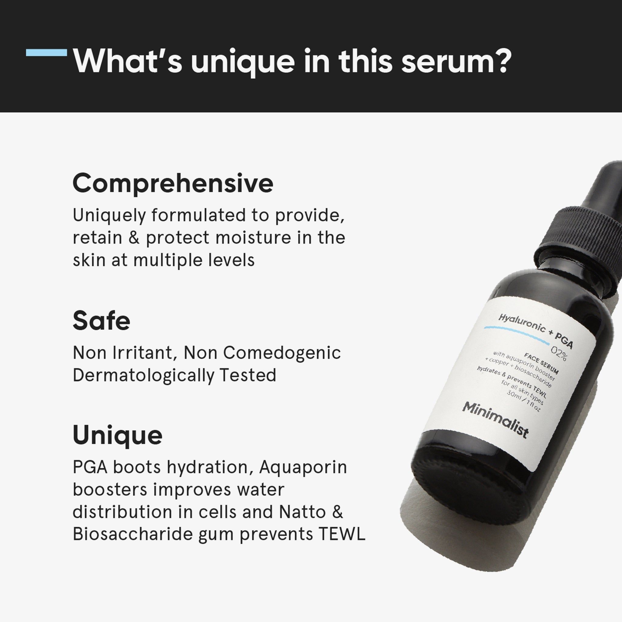 Text-Infografik: „Was ist das Besondere an diesem Serum?“ Beschreibungen: umfassend, sicher, einzigartig. Produktflasche im Hintergrund.