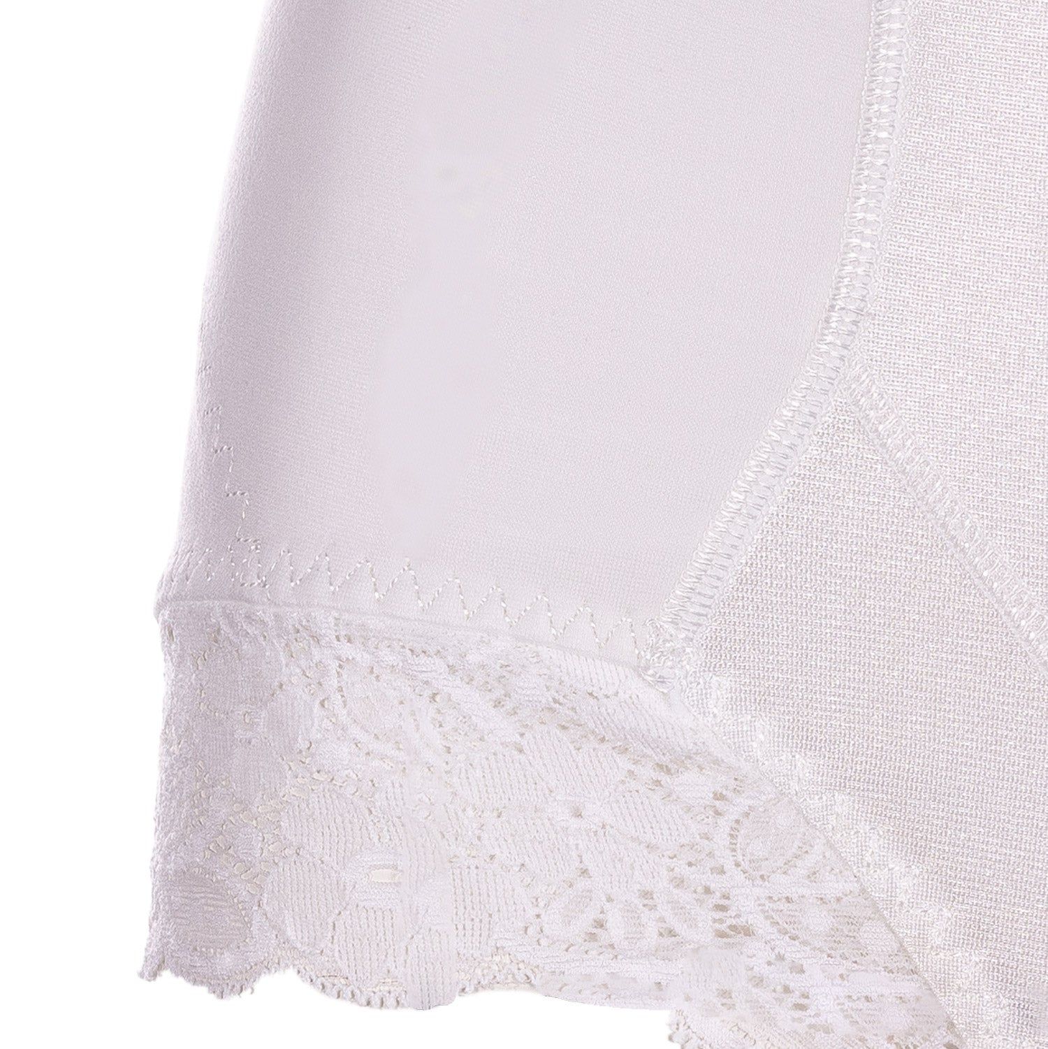 Weißer Miederhose-Ausschnitt mit Spitze. Detailansicht. Stoffstruktur sichtbar.