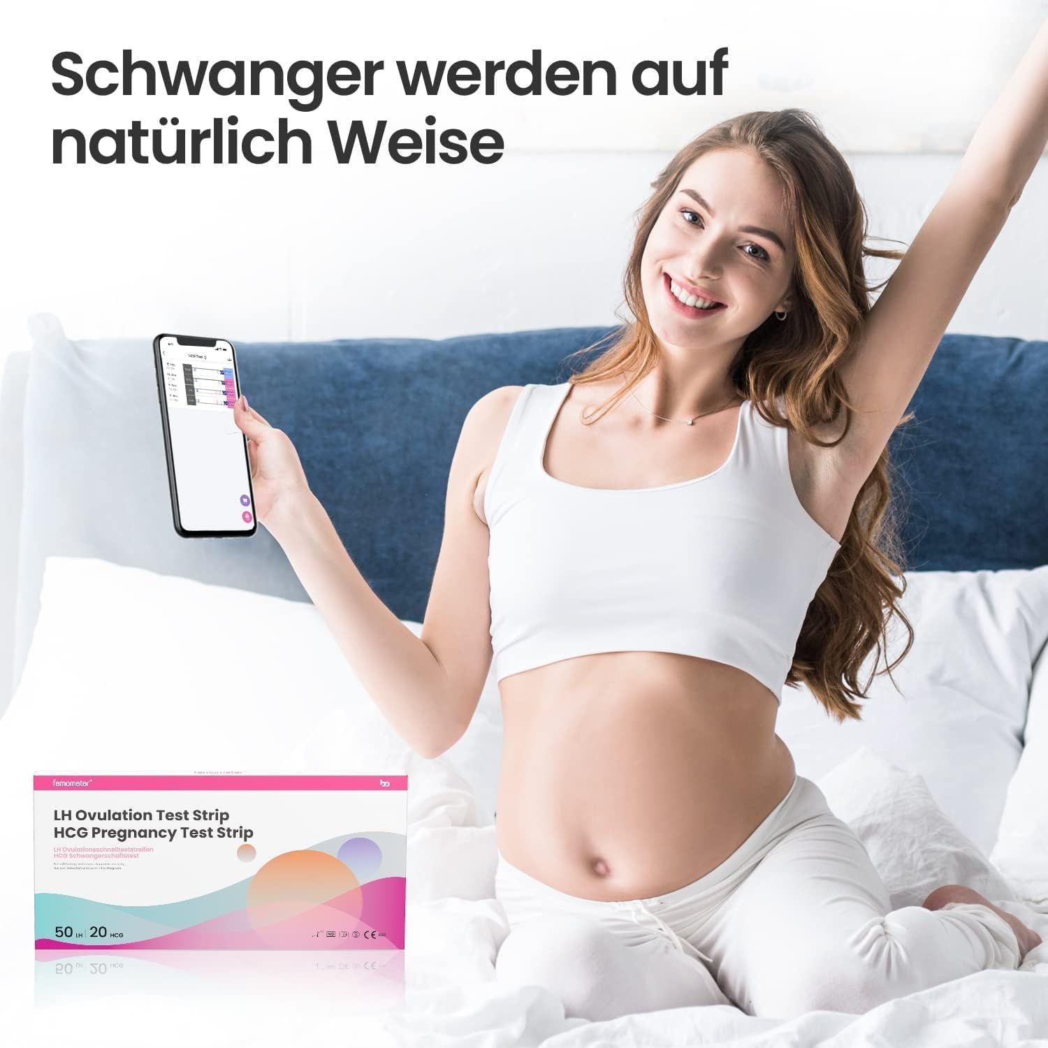 Frau mit Smartphone und Teststreifen-Verpackung. Aufschrift: LH Ovulation Test Strip, HCG Pregnancy Test Strip. 50 LH, 20 HCG.