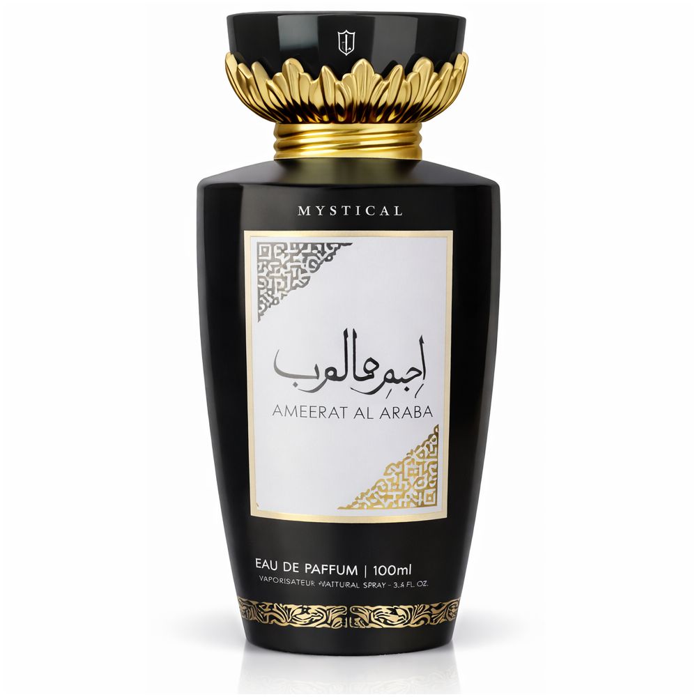 Schwarze Flasche mit goldenen Details. Aufschrift: Mystical, Ameerat al Araba. Eau de Parfum.
